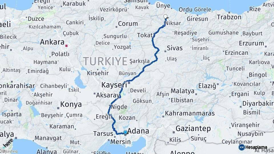 Adana Akkuş Ordu Arası Kaç Km - Yol Haritası