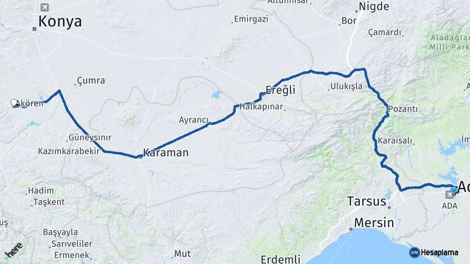 Adana Akören Konya Arası Kaç Km - Yol Haritası