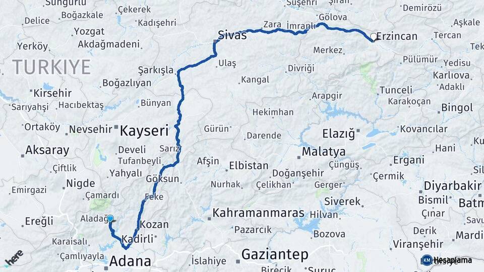Adana Aladağ Erzincan Arası Kaç Km - Yol Haritası