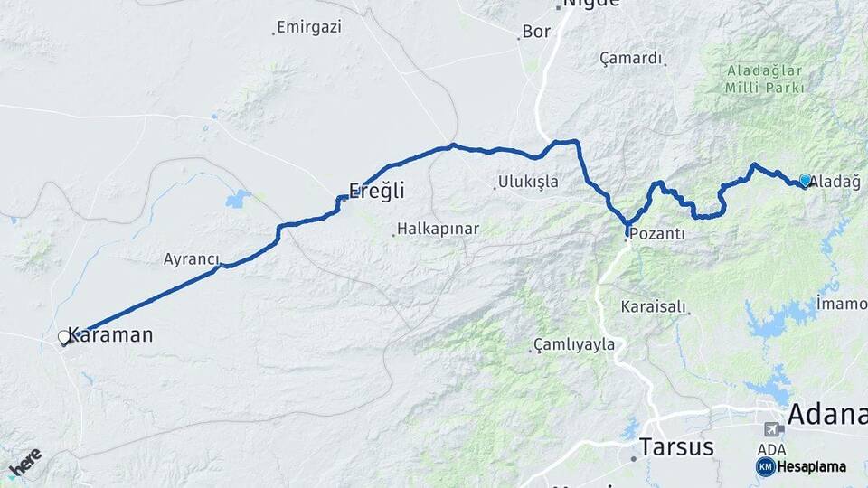 Adana Aladağ Karaman Arası Kaç Km - Yol Haritası