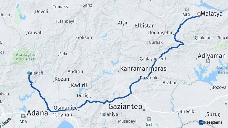 Adana Aladağ Malatya Arası Kaç Km - Yol Haritası