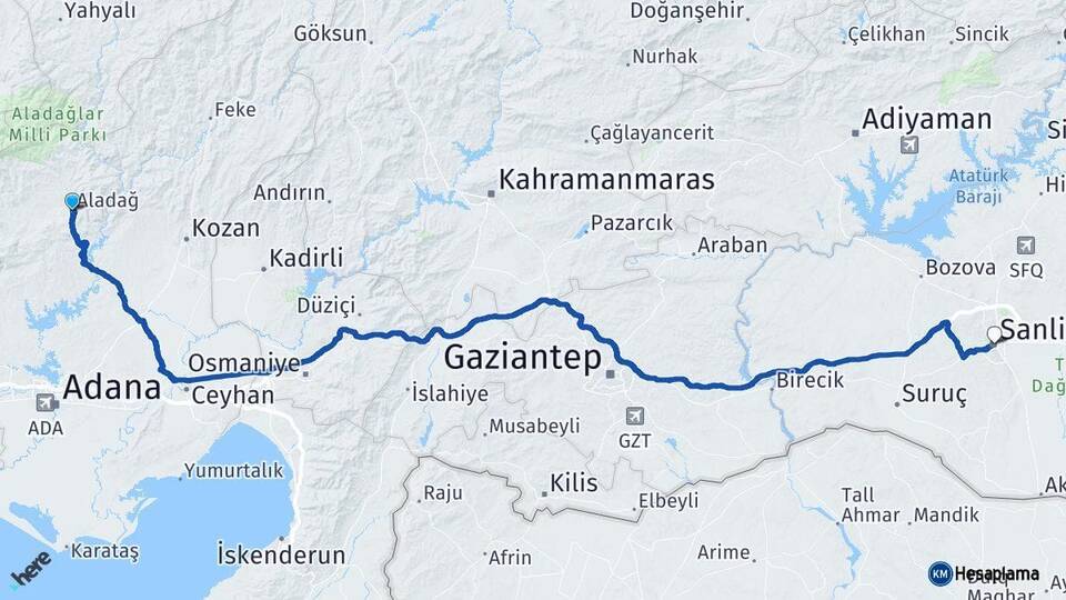 Adana Aladağ Şanlıurfa Arası Kaç Km - Yol Haritası