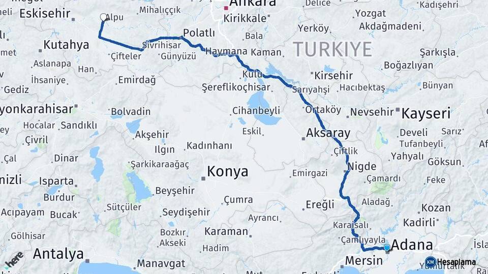 Adana Alpu Eskişehir Arası Kaç Km - Yol Haritası