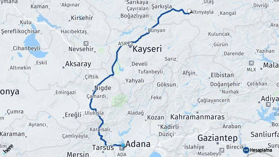 Adana Altınyayla Sivas Arası Kaç Km - Yol Haritası