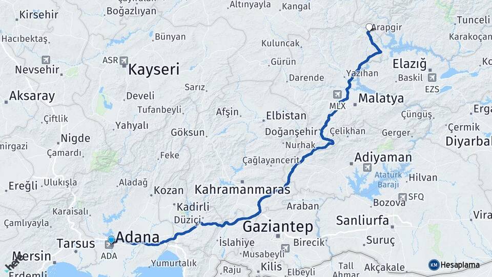 Adana Arapgir Malatya Arası Kaç Km - Yol Haritası