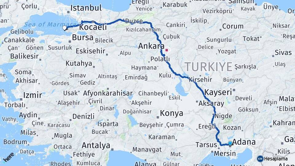 Adana Armutlu Yalova Arası Kaç Km - Yol Haritası