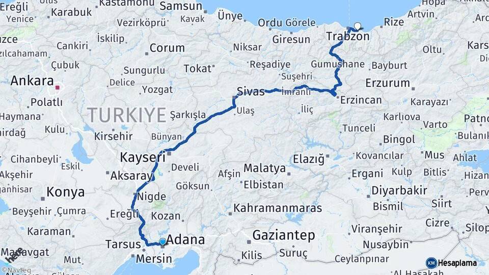 Adana Arsin Trabzon Arası Kaç Km - Yol Haritası