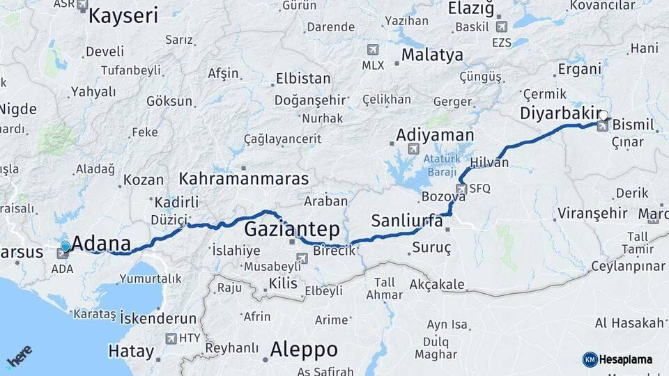 Adana Bağlar Diyarbakır Arası Kaç Km - Yol Haritası