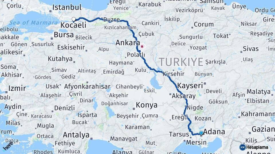 Adana Başiskele Kocaeli Arası Kaç Km - Yol Haritası