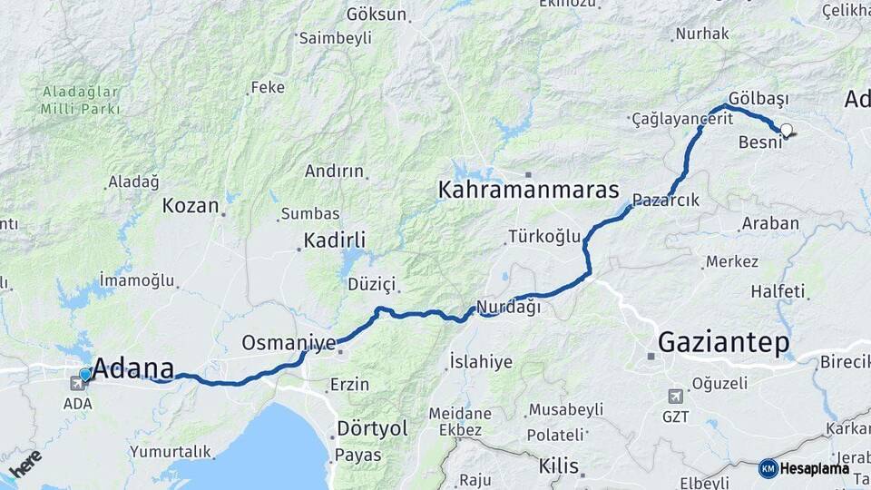 Adana Besni Adıyaman Arası Kaç Km - Yol Haritası