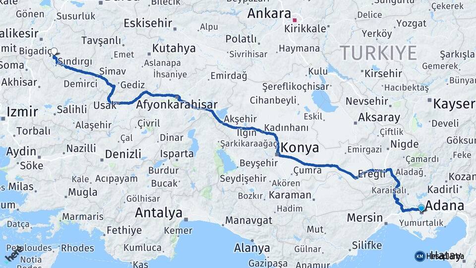 Adana Bigadiç Balıkesir Arası Kaç Km - Yol Haritası