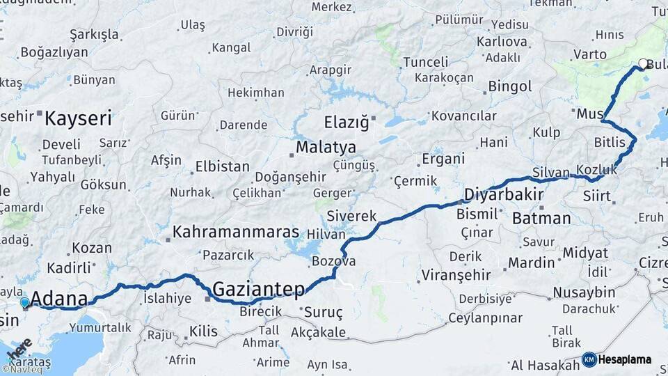 Adana Bulanık Muş Arası Kaç Km - Yol Haritası