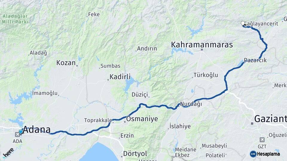 Adana Çağlayancerit Kahramanmaraş Arası Kaç Km - Yol Haritası