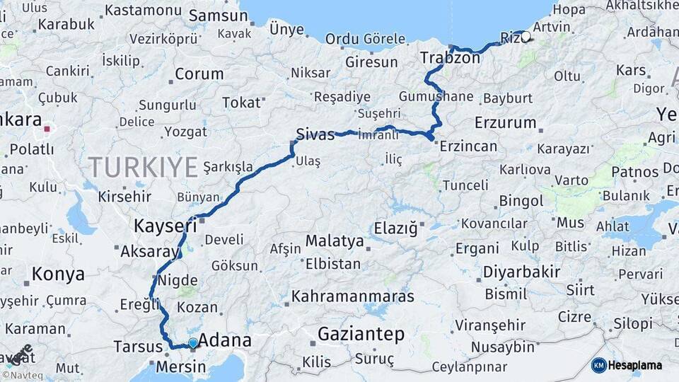 Adana Çamlıhemşin Rize Arası Kaç Km - Yol Haritası