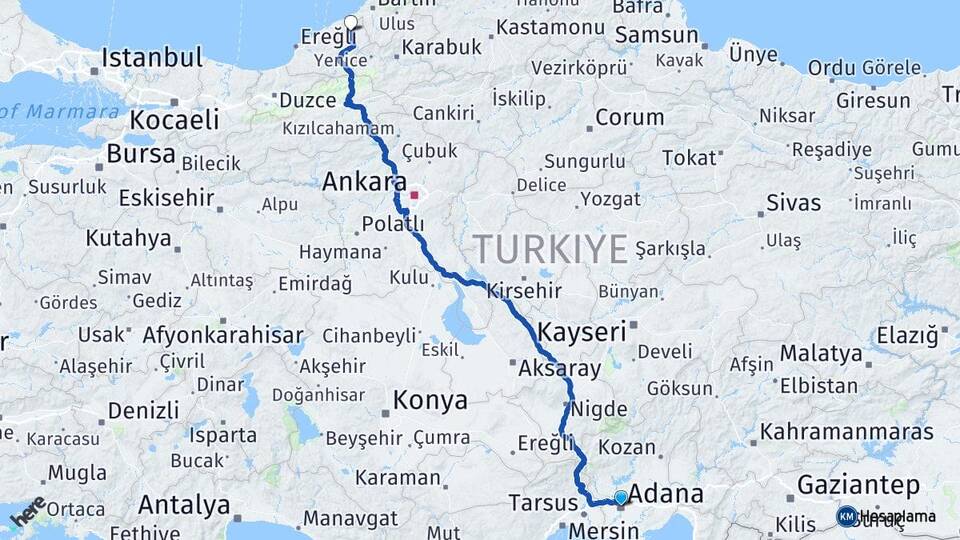 Adana Çaycuma Zonguldak Arası Kaç Km - Yol Haritası
