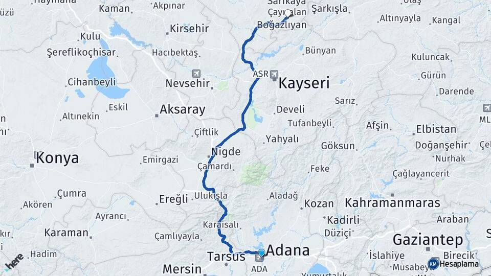 Adana Çayıralan Yozgat Arası Kaç Km - Yol Haritası