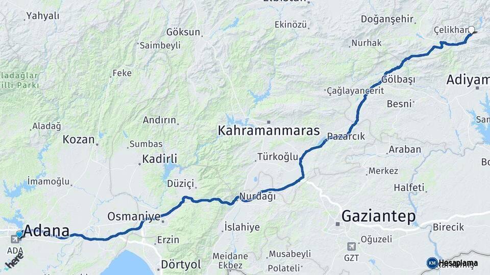 Adana Çelikhan Adıyaman Arası Kaç Km - Yol Haritası