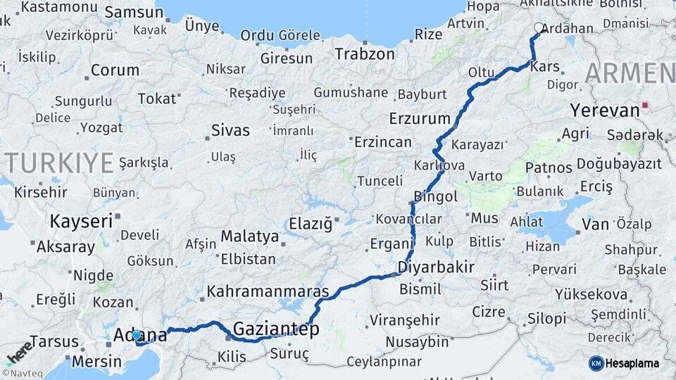 Adana Ceyhan Ardahan Arası Kaç Km - Yol Haritası