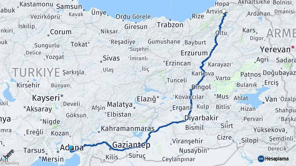 Adana Ceyhan Artvin Arası Kaç Km - Yol Haritası