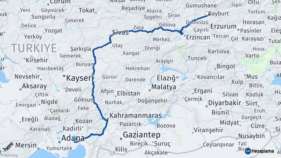Adana Ceyhan Bayburt Arası Kaç Km - Yol Haritası