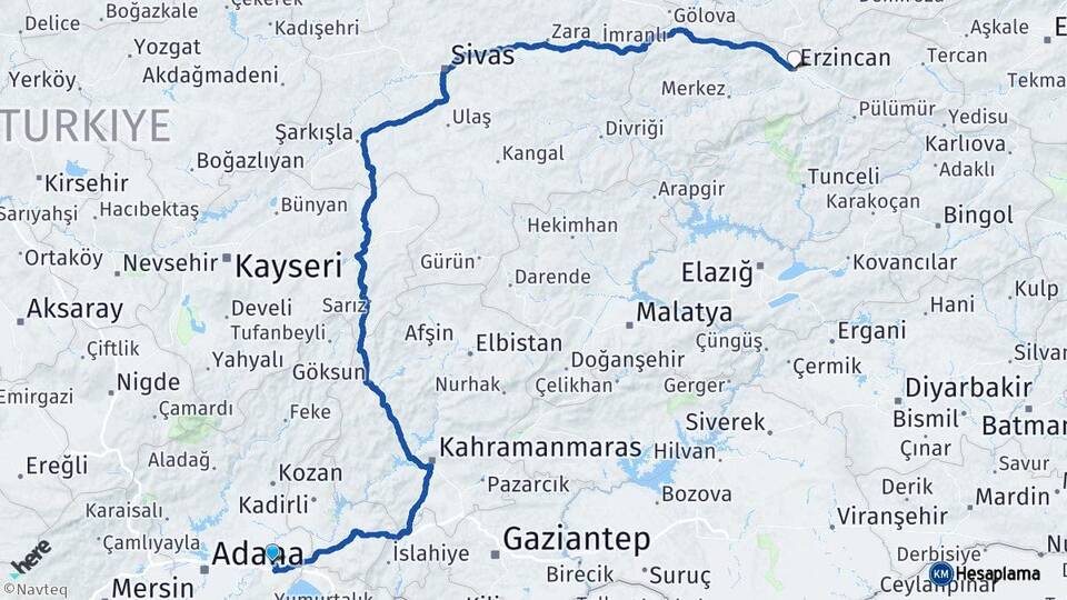 Adana Ceyhan Erzincan Arası Kaç Km - Yol Haritası