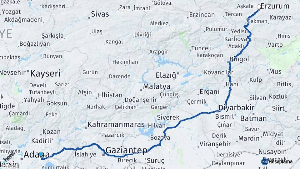Adana Ceyhan Erzurum Arası Kaç Km - Yol Haritası