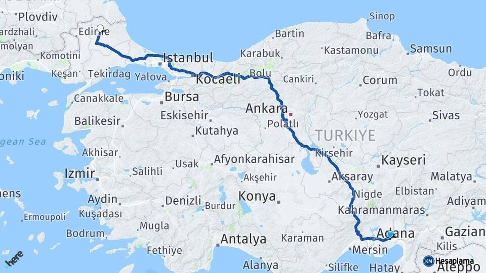 Adana Ceyhan Kırklareli Arası Kaç Km - Yol Haritası