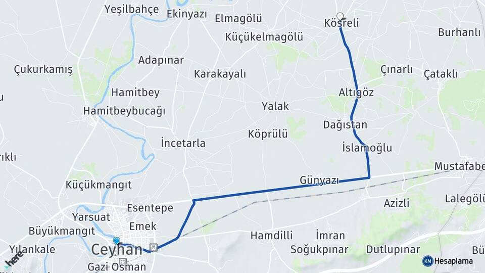 Adana Ceyhan Kösreli Ceyhan Arası Kaç Km - Yol Haritası
