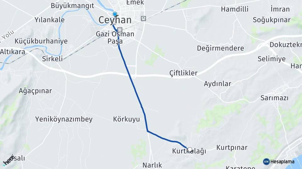 Adana Ceyhan Kurtkulağı Ceyhan Arası Kaç Km - Yol Haritası