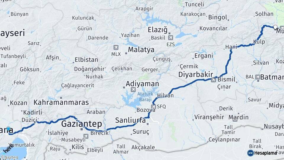 Adana Ceyhan Muş Arası Kaç Km - Yol Haritası
