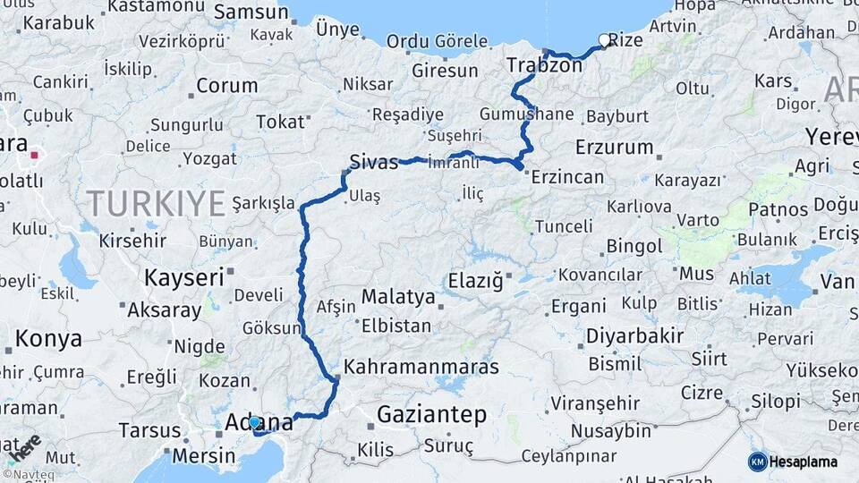 Adana Ceyhan Rize Arası Kaç Km - Yol Haritası