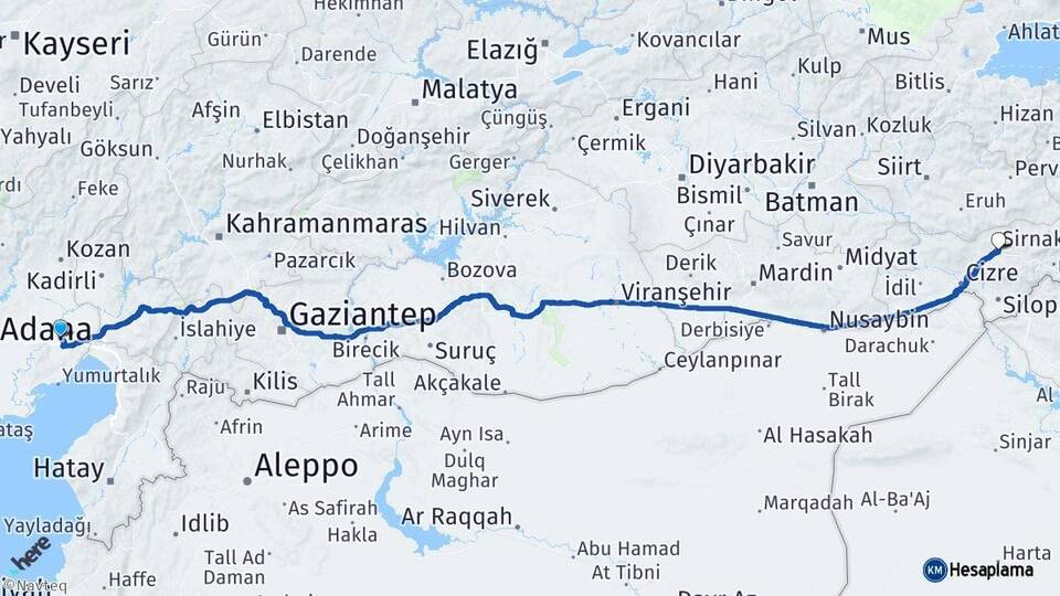 Adana Ceyhan Şırnak Arası Kaç Km - Yol Haritası
