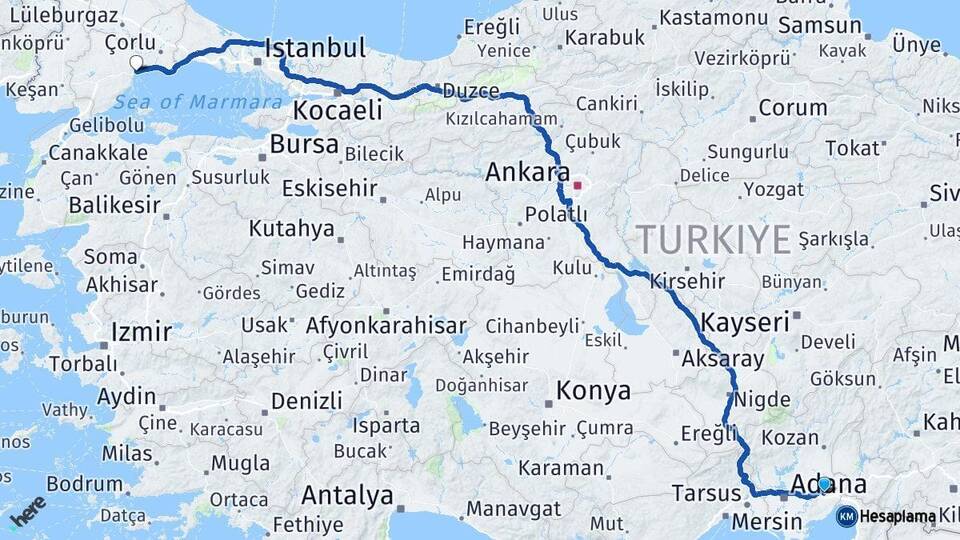 Adana Ceyhan Tekirdağ Arası Kaç Km - Yol Haritası