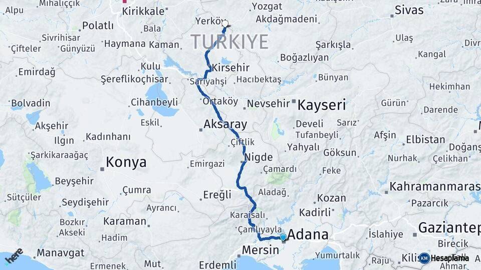 Adana Çiçekdağı Kırşehir Arası Kaç Km - Yol Haritası