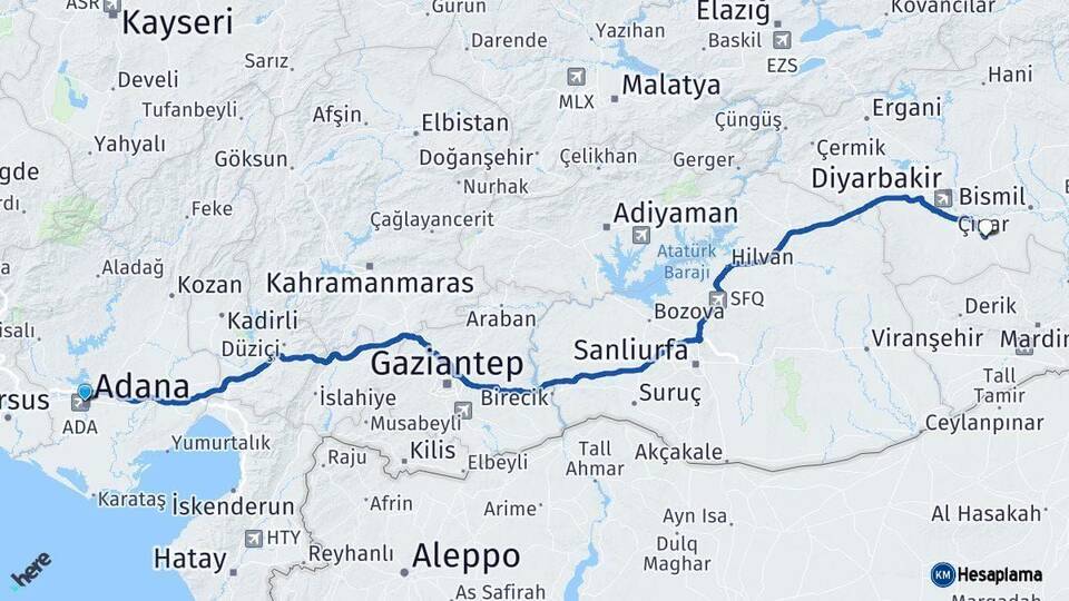 Adana Çınar Diyarbakır Arası Kaç Km - Yol Haritası