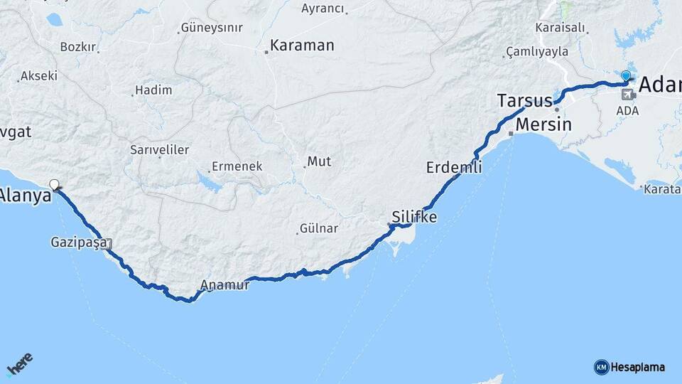 Adana Çukurova Alanya Antalya Arası Kaç Km - Yol Haritası