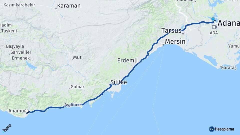 Adana Çukurova Anamur Mersin Arası Kaç Km - Yol Haritası