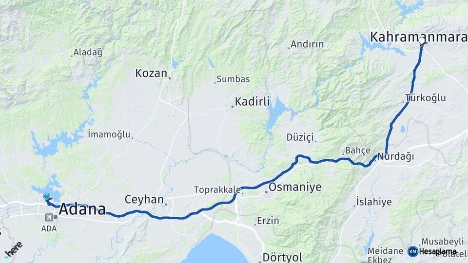 Adana Çukurova Kahramanmaraş Arası Kaç Km - Yol Haritası