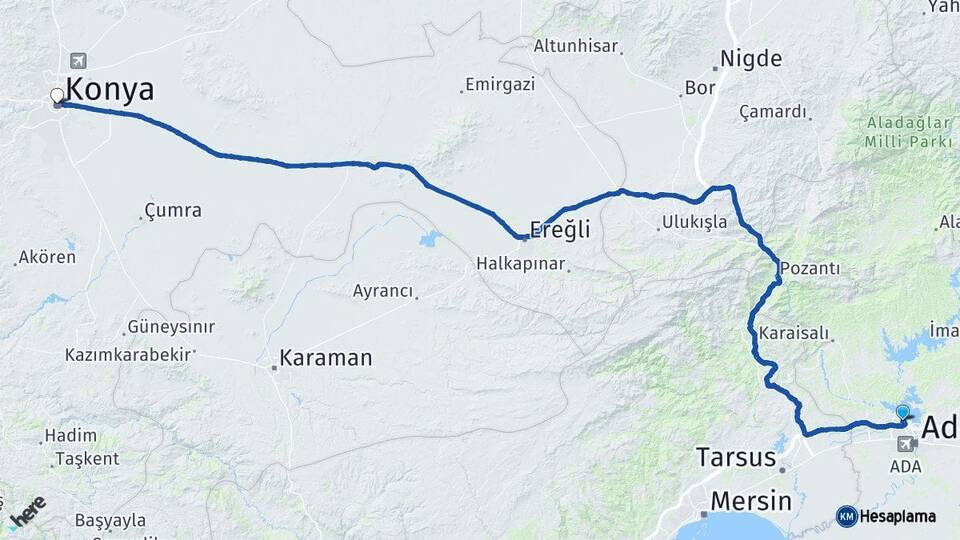 Adana Çukurova Konya Arası Kaç Km - Yol Haritası