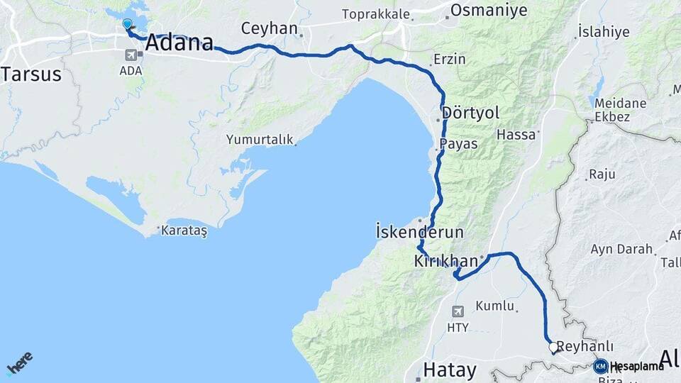 Adana Çukurova Reyhanlı Hatay Arası Kaç Km - Yol Haritası