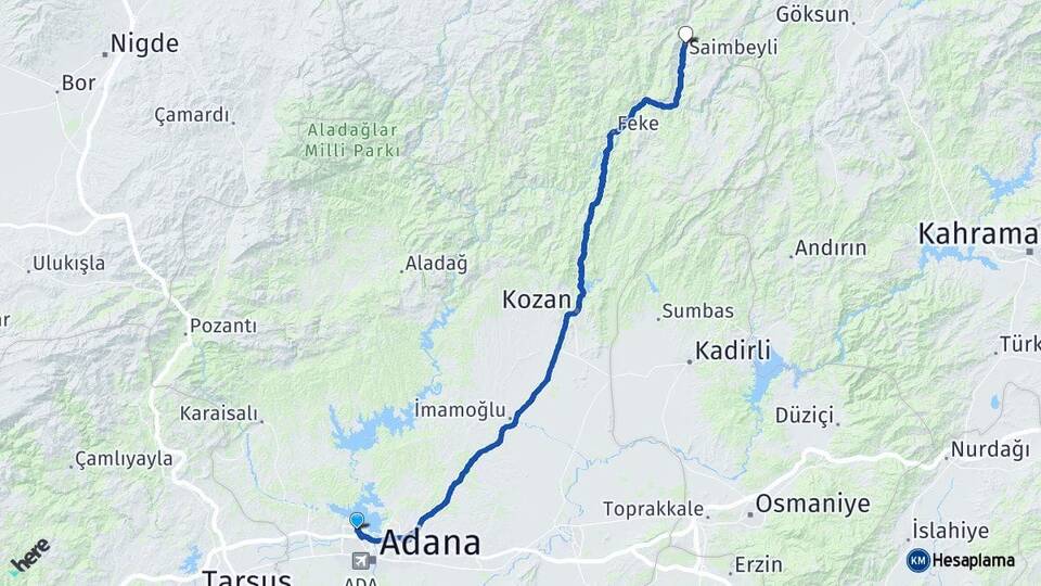 Adana Çukurova Saimbeyli Arası Kaç Km - Yol Haritası