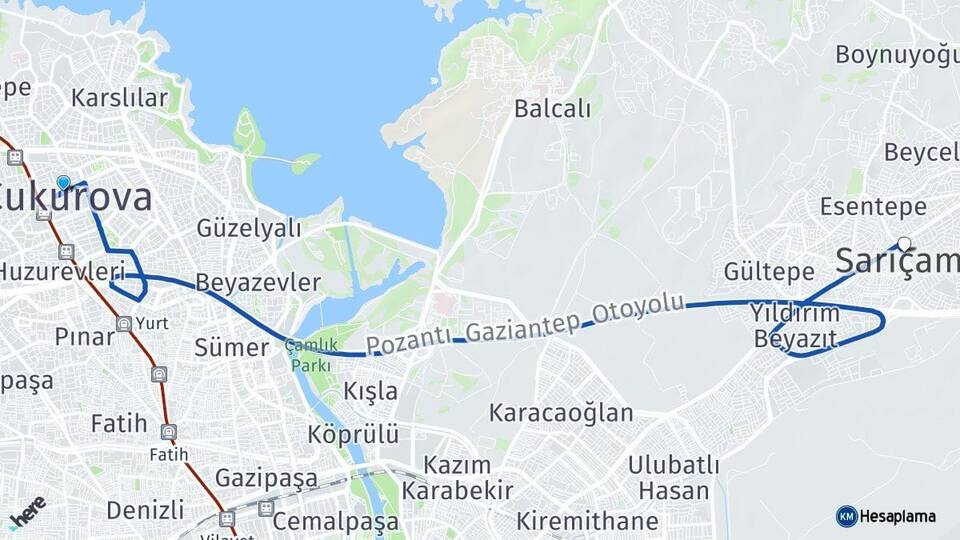 Adana Çukurova Sarıçam Arası Kaç Km - Yol Haritası
