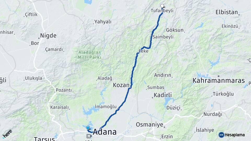 Adana Çukurova Tufanbeyli Arası Kaç Km - Yol Haritası