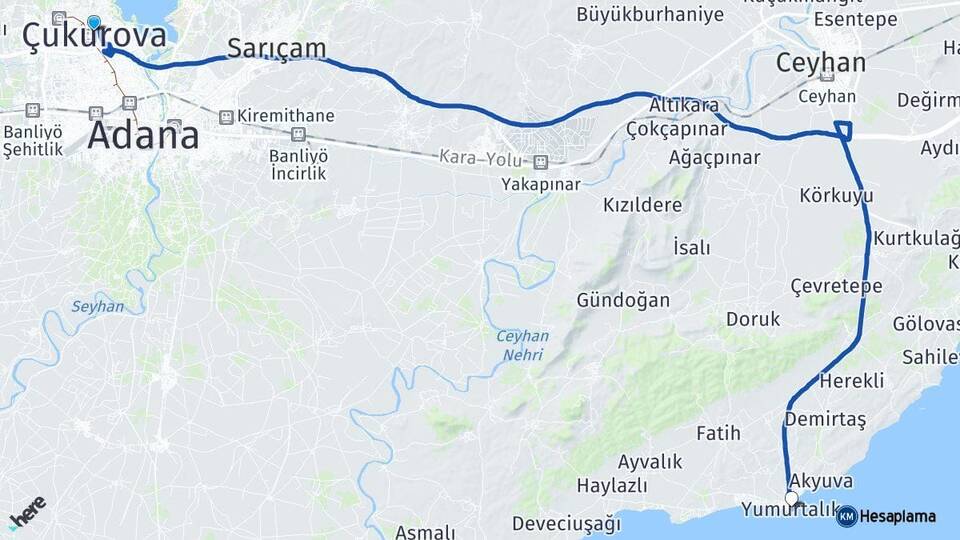 Adana Çukurova Yumurtalık Arası Kaç Km - Yol Haritası