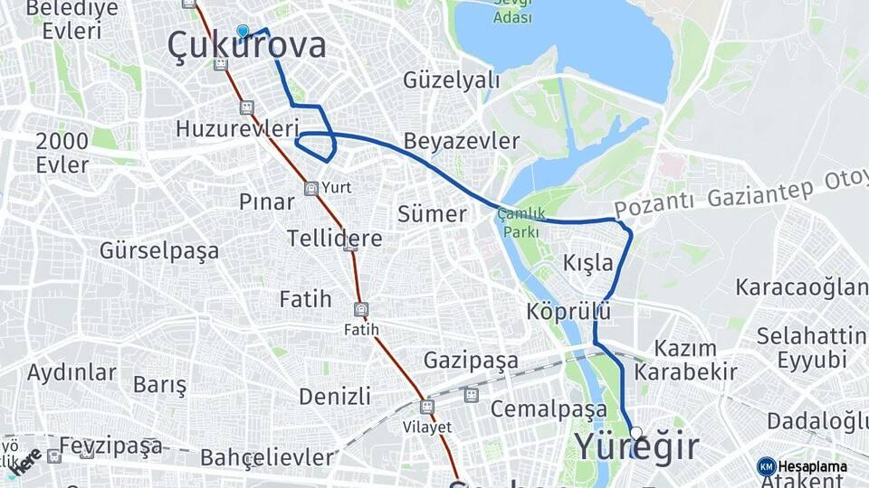 Adana Çukurova Yüreğir Arası Kaç Km - Yol Haritası