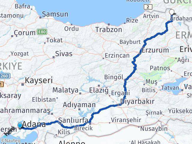 Adana Damal Ardahan Arası Kaç Km - Yol Haritası