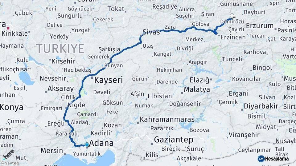 Adana Demirözü Bayburt Arası Kaç Km - Yol Haritası