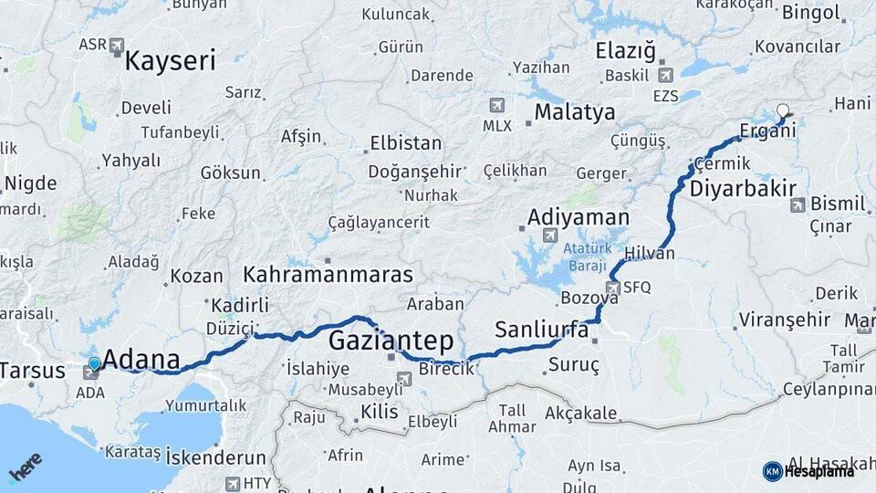 Adana Dicle Diyarbakır Arası Kaç Km - Yol Haritası