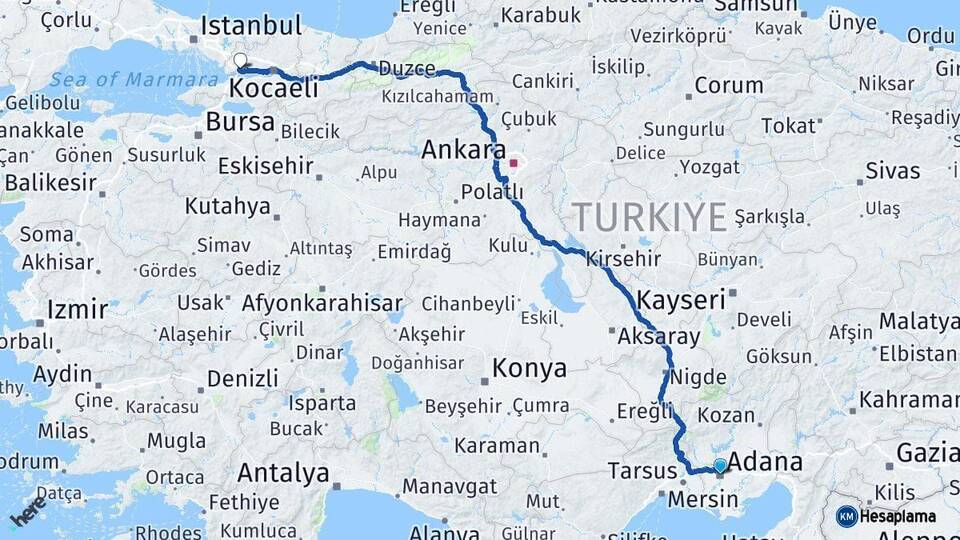 Adana Dilovası Kocaeli Arası Kaç Km - Yol Haritası