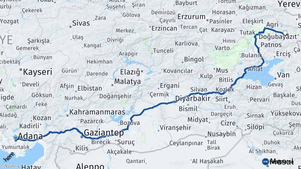 Adana Diyadin Ağrı Arası Kaç Km - Yol Haritası